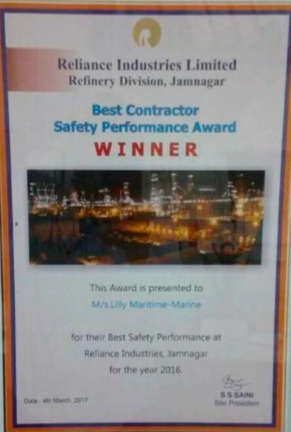 Best Contractor Safety Performance Award - WINNER, Reliance Industries Limited, Refinery Division, Jamnagar, 2016