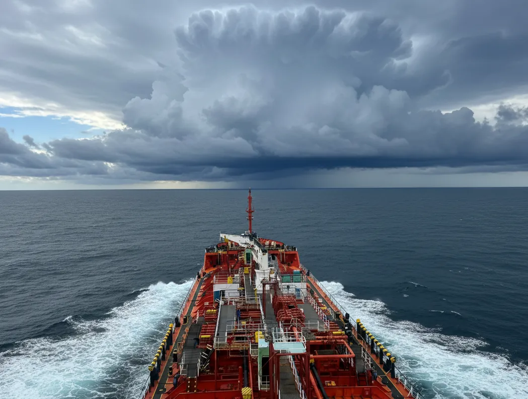 The red foredeck of a tanker cuts through open sea beneath a towering storm front, with white wake on either side.